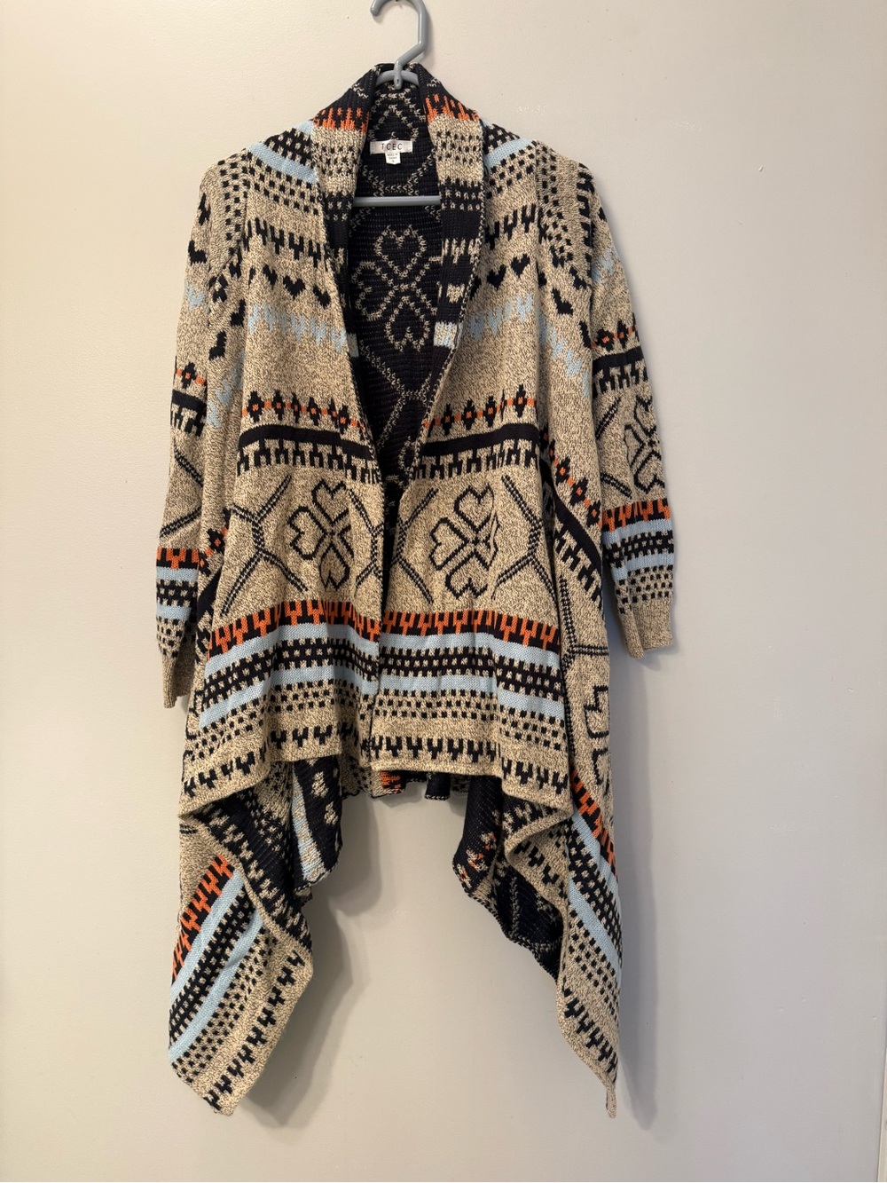 TCEC Beige Open-Front Tribal Cardigan with Light Blue, Orange and Black Pattern